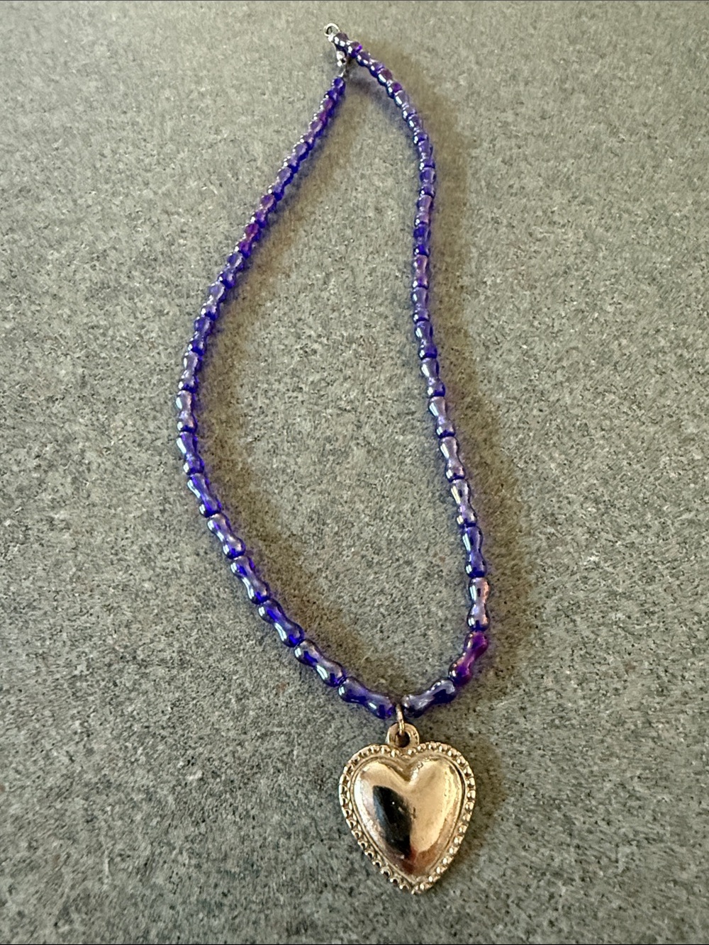 Purple Beaded Necklace with Silver Heart Pendant
